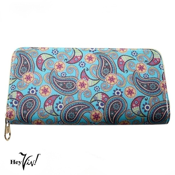 Hey Viv Handbags - Turquoise Paisley Print Zip Wallet Clutch Easy to Hold and Carry 8 x4" - Hey Viv